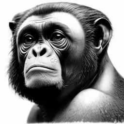 an adult chimpan hanging over the shoulder of its young