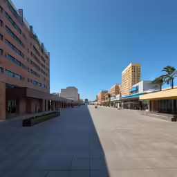 an empty city street with tall buildings and palm trees