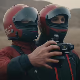 two people wearing helmet and holding camera taking pictures
