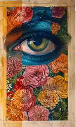 a painted image with an eye and floral pattern