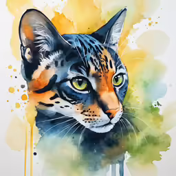 a black and brown cat with green eyes