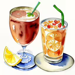 an illustration shows two glasses filled with iced beverages, garnished with cherries and lemon slices,a painting of two glasses full of drink with one beverage