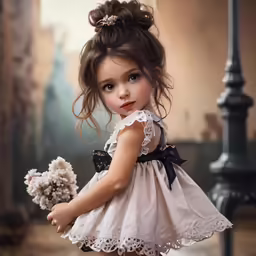 a baby girl wearing a dress and holding a teddy bear