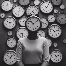 woman standing in front of large group of clocks