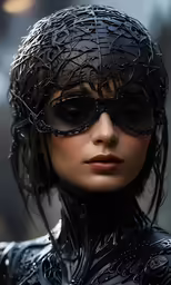 a woman in costume and eye mask on a black background