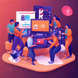 several people are working on various technology in this animated manner,people are making a project on a big screen