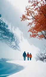 two people walking down a snowy road