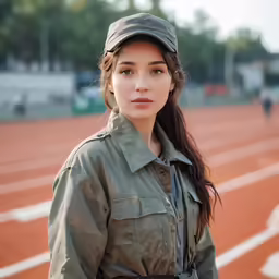 a young woman in uniform is standing in the outdoors