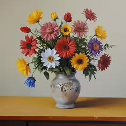 a vase with a lot of different color flowers in it