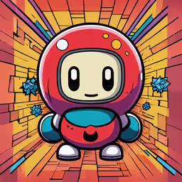 an art deco graphic with a cartoon octopus sitting in the middle,an illustration of a small red object with big eyes