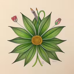 the large green flower has many little red flowers,a drawing of a green leafy flower with four small flowers