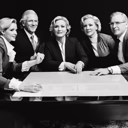 the five people are sitting at a table writing on paper