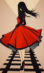 there is a female in a red dress on the street