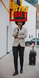 the woman is standing on the side of the street