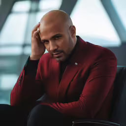 a man sitting in a chair wearing a red suit