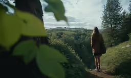 the woman is walking on the trail in the forest