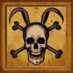 a skull with horns and eyes surrounded by other strangely dressed skulls,a painting with a skull and crossed bones