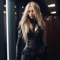 a woman in black and leather outfit stands alone,a very attractive blond in a black leather outfit