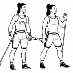 two women from the wrestling team ready to play,the basic body drawing is an important component in this image,a male and female wrestler standing side by side holding their hands together,two women are holding their nordic sticks with one hand,illustration of men and women from a single file