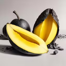 a rotten fruit on a white table top