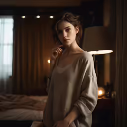 the woman is standing next to the bed, posing for the camera