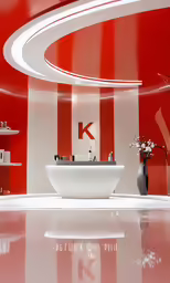 bathroom with white and red stripes on the wall