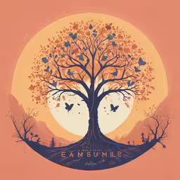 an illustration of a tree with birds flying in the air,there is a tree that has many leaves
