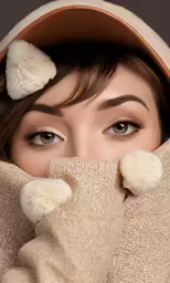 a person with two white balls on their head and in a beige sweater under a tan blanket