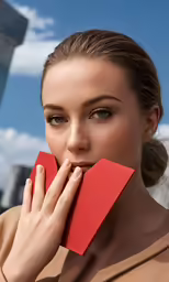 woman holding an origami piece of paper in her mouth
