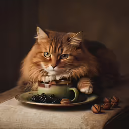 a close up of a cat with coffee on a plate