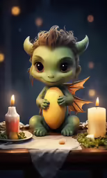 a painting of a little green troll sitting on a table