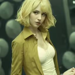 the woman is wearing a short yellow jacket