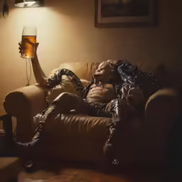 a man is holding a beer while laying on a couch