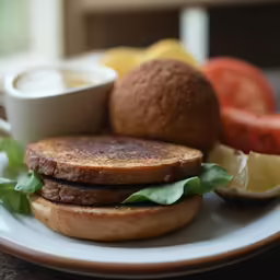 a plate with a sandwich and bowl of sauce