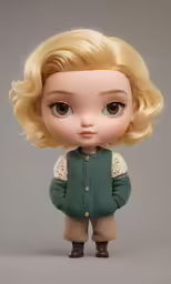 a doll with blond hair wearing green and cream outfit