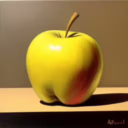 this is an oil painting of an apple,an apple sitting on top of a table next to a wall,an apple with a brown end sitting on a table,the yellow apple is sitting on a table,a yellow apple sits on a table