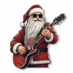 a santa claus with sunglasses on his face and holding an electric guitar