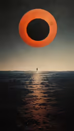 a person is standing in the ocean under a large orange object