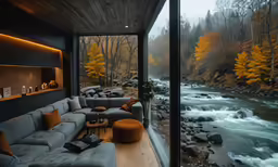 a river running through a forest covered hillside