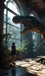 two dinosaurs in the background as people walk by them