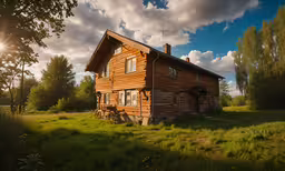 an old wooden house sitting in a green field,a cabin is surrounded by a green grassy field