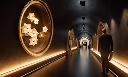 a long tunnel in a dark building with lit up flowers
