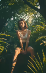 a woman is sitting on a log in the woods