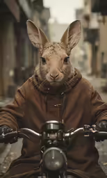 a person on a motorcycle is wearing a brown bunny outfit