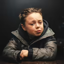 a young boy in black jacket sitting at a table with his hand on the table