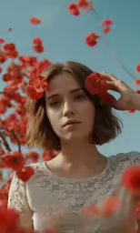 a girl in a flowery dress posing near a tree with red flowers