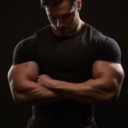 a man standing with his arms crossed and wearing a black shirt