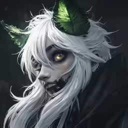 a woman wearing white hair and green leaf hair