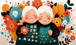 two elderly women hugging in the middle of a colorful display