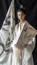 the woman is standing in front of the flag holding a sheet,woman in japanese dress holding up the state of china flag